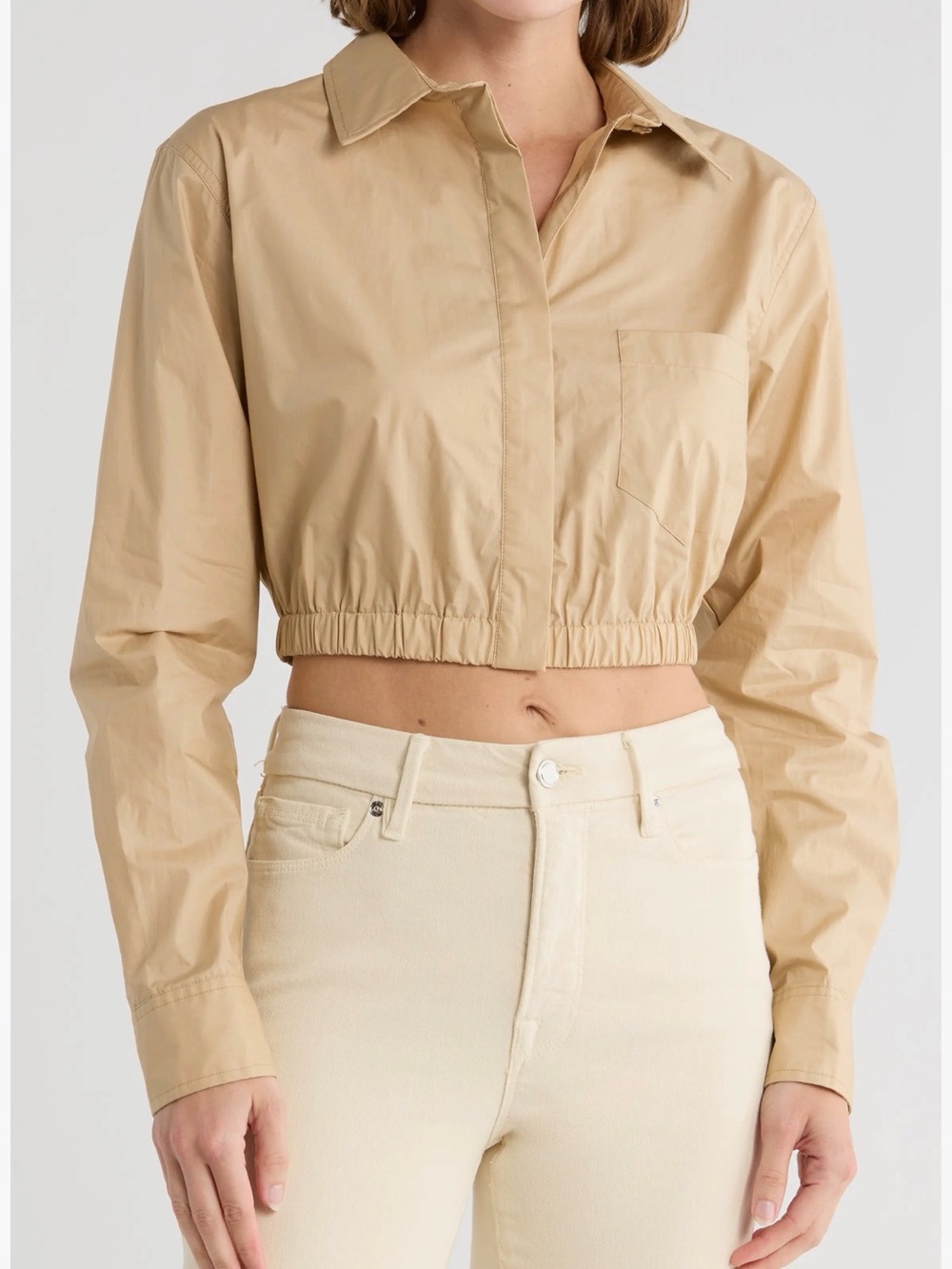 Good American Tan Cropped Poplin Button Up Shirt | Size M | NWT